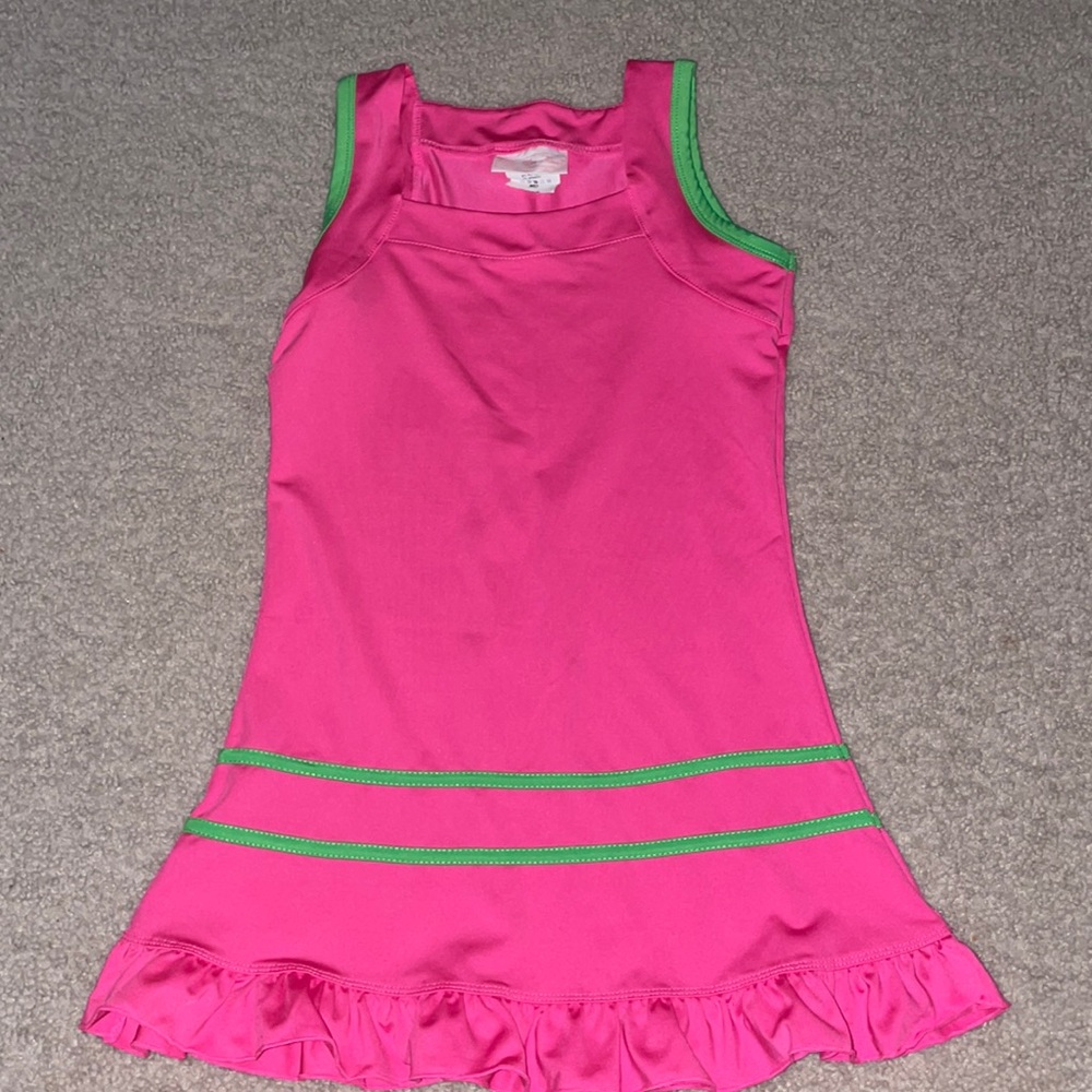 Girls' Pink Ruffle Hem Swim Dress with Green Trim